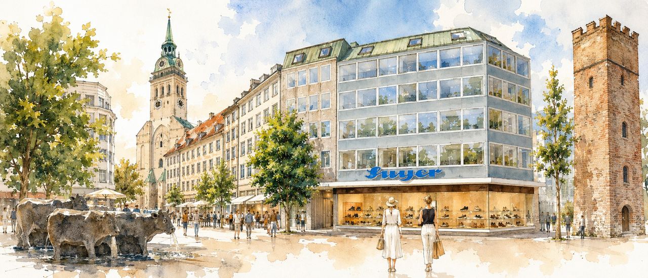 Aquarellillustration des Schuhhaus Suyer am Rindermarkt in München, mit Blick auf den Alten Peter und den Löwenturm
