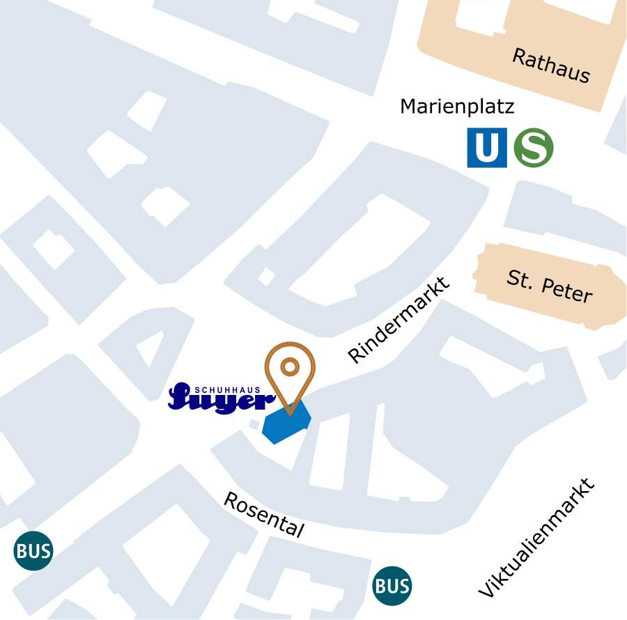 Schematische Lageskizze: Schuhhaus Suyer am Rindermarkt 7, in der Nähe von Marienplatz und Löwenturm